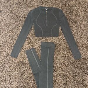 Olive Green Long Sleeve Crop Top and Leggings Set